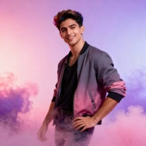 Stylish LGBTQ+ content creator in Q+ brand colors