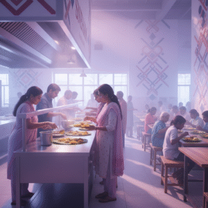 Community volunteers serving meals in modern Kerala kitchen