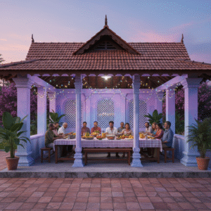 Transformed bus shelter serving as community dining space